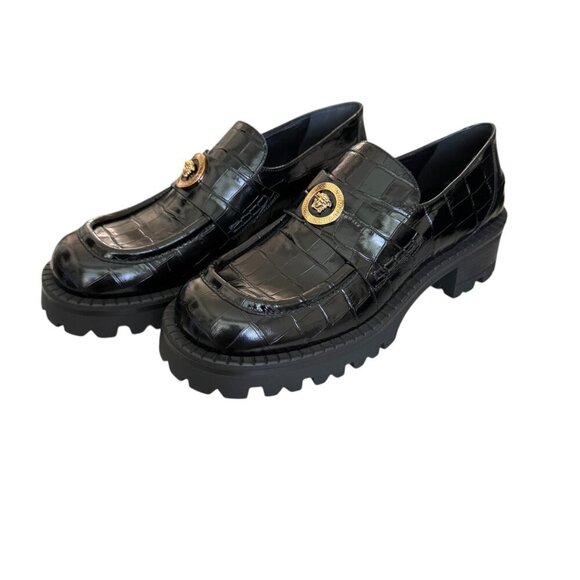 Versace Women’s Black croc-embossed Leather Medusa Mocassino Loafers, sizes - Picture 3 of 16